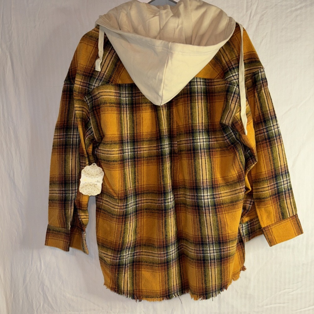 Alterd State Flannel Hoodie Shacket Women Size Sm Yellow Plaid Button Up Raw Hem - Picture 5 of 7